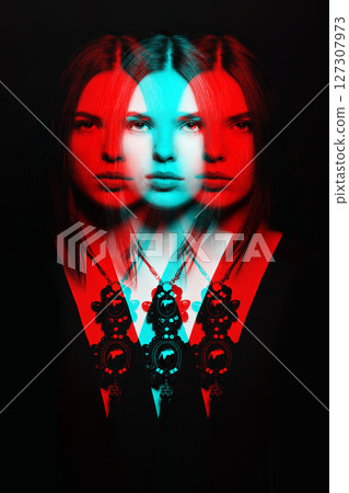 Beautiful woman with fancy necklace studio portrait in RGB color split effect style 127307973