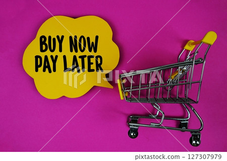 Buy Now Pay Later text with speech bubble and trolley shopping cart on pink background 127307979
