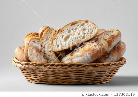 Sliced Artisan Bread in Rustic Stack 127308119