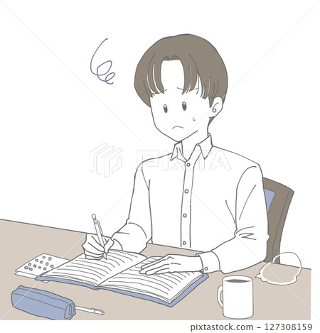 Man writing in notebook 3 Dissatisfaction Manga symbol 127308159
