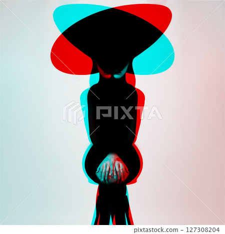 Abstract woman black silhouette with big hat in RGB color effect split Abstract woman black silhouette with big hat in RGB color effect split 127308204