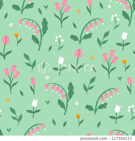 Simple seamless pattern with pink flowers on a light green background. Vector graphics. 127308213
