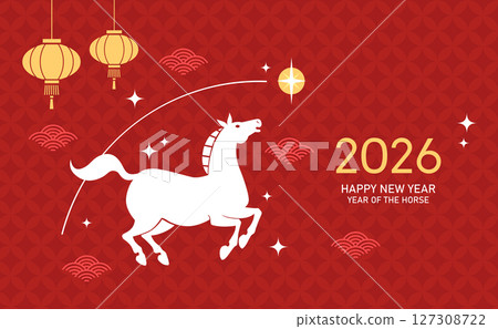 Chinese zodiac horse 2026 card with hanging lanterns decorations 127308722
