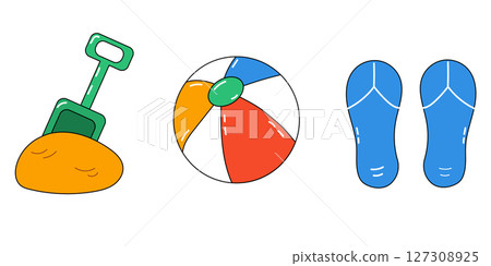 Beach elements set. Retro summer set. Trip to the sea. Travel collection. Beach elements set. Retro summer set. Trip to the sea. Travel collection. 127308925