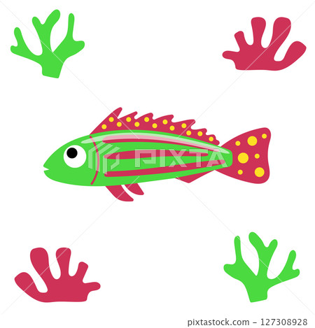 Bright tropical fish with corals. Exotic green fish with colorful corals. Bright tropical fish with corals. Exotic green fish with colorful corals. 127308928