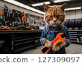 Serious ginger cat mechanic in overalls holding wrench and standing against garage background, copy space with scene for branding or humorous advertisement of car repair service 127309097
