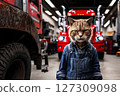 Cartoon angry cat in work clothes in garage with trucks, humorous concept for advertising of car service and auto repair shops 127309098
