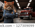 Portrait of grumpy ginger cat mechanic in uniform posing in garage against red pickup truck, copy space scene. cartoon character as a concept for car service branding and advertising 127309099