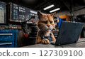 Sad ginger cat mechanic working on laptop in auto repair shop, checking spare parts order online, local auto service concept and ordering spare parts for car repair online 127309100