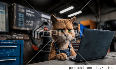 Sad ginger cat mechanic working on laptop in auto repair shop, checking spare parts order online, local auto service concept and ordering spare parts for car repair online 127309100