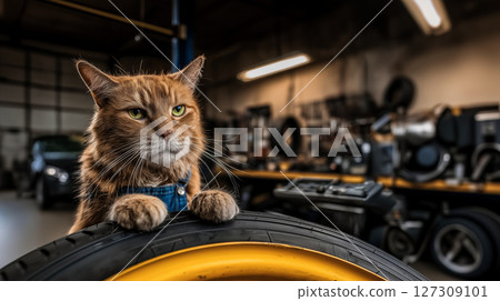 cat mechanic carries wheel to balancing machine, concept of using precision wheel device in local garage, poster for car service and car repair concept 127309101