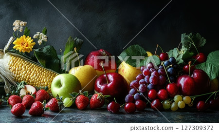Colorful Assortment of Fresh Fruits and Vegetables on Dark Surface Colorful Assortment of Fresh Fruits and Vegetables on Dark Surface 127309372