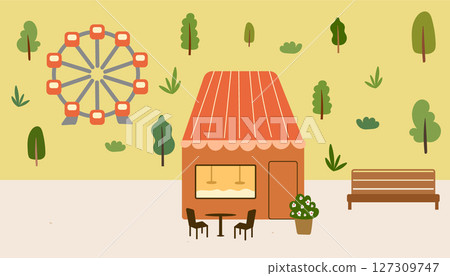 Food shop in park. Outdoor kiosk with red roof. Illustration with street shop and bench near the forest. Food shop in park. Outdoor kiosk with red roof. Illustration with street shop and bench near the forest. 127309747