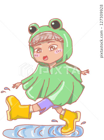 一個穿著雨衣的女孩在水坑裡玩耍 127309928