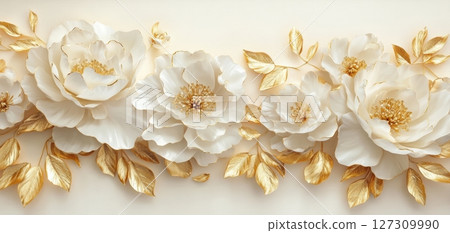 Elegant White Flowers with Golden Leaves in Decorative Design 127309990