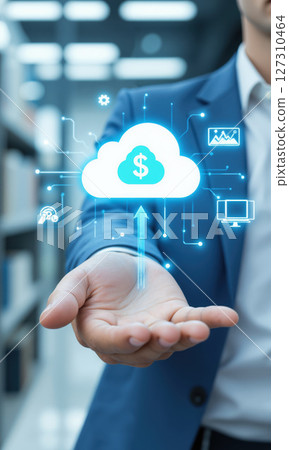 3D Cloud Computing Character Uploading Data Icon Stylized figure uploading data arrow into cloud symbol, transparent bg, 3D stylized, blue white 127310464