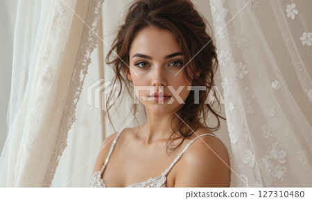 An ethereal bridal lingerie set in sheer white tulle with embroidered floral patterns. The bralette has a plunging V-neckline with 127310480