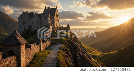 Highland Castle at Sunrise A majestic wide-angle view of an ancient castle perched atop rugged highlands, illuminated by the soft 127310481