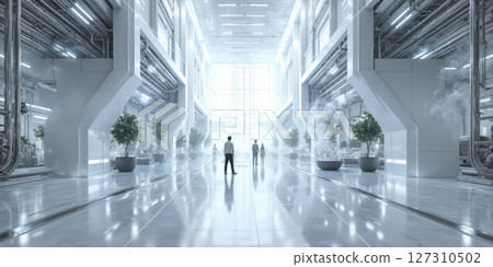 Futuristic corridor industrial interior people walking in bright white clean futuristic corridor with pipes and plants 127310502