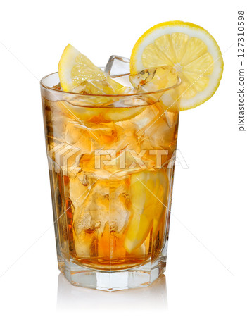 misted glass of ice tea with lemon isolated on white background 127310598