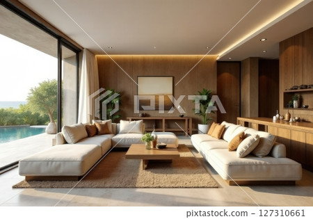 cozy living room with white sofa and coffee table, with paintings on the wall 127310661