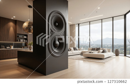 A smart home sound system built into the walls with invisible speakers that provide surround sound. The system can be voice-controlled or synced 127310662