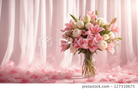 Baby Shower Delight (Girl) (Pink Lilies White Roses Peonies) small, heart-shaped vase with soft pink water, holding 127310673