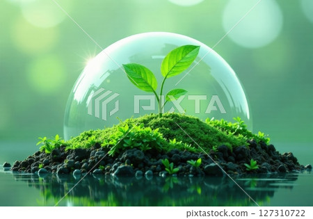Dome protects the plant. Green Planet Earth Day or Environment Day concept. Paris Agreement concept. Ecology concept. 127310722