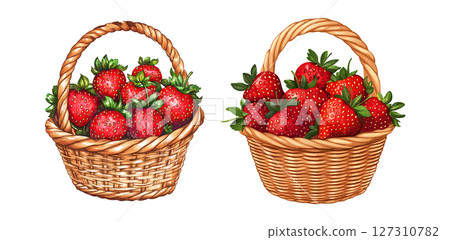 Two Wicker Baskets Filled with Ripe Strawberries Illustration Two Wicker Baskets Filled with Ripe Strawberries Illustration 127310782