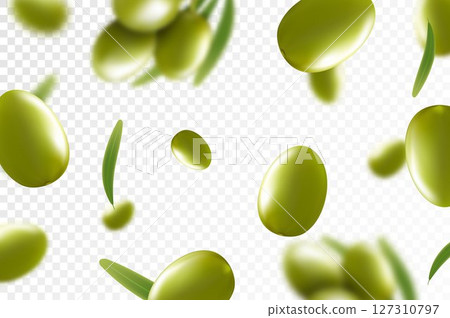 Olives background. Flying or falling olives isolated on transparent background. Can be used for advertising, packaging, banner, poster, print. Realistic 3d design. Nature product. Vector illustration Olives background. Flying or falling olives isolated on transparent background. Can be used for advertising, packaging, banner, poster, print. Realistic 3d design. Nature product. Vector illustration 127310797
