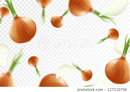 Onion background. Falling fresh ripe onions, isolated on transparent background. Selective focus. Flying defocusing onions. Applicable for ketchup, juice advertising. Realistic 3d vector Onion background. Falling fresh ripe onions, isolated on transparent background. Selective focus. Flying defocusing onions. Applicable for ketchup, juice advertising. Realistic 3d vector 127310798
