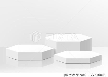 Set of white podiums of different shapes. Showroom pedestals, floor stage platform vector isolated mockup. Basic geometric shape. Promotion display. Realistic 3d vector illustration Set of white podiums of different shapes. Showroom pedestals, floor stage platform vector isolated mockup. Basic geometric shape. Promotion display. Realistic 3d vector illustration 127310803