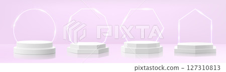 Set of white podiums of different shapes, podiums with steps, with glowing neon polyhedron on purple background. Showroom pedestals, floor stage platform vector isolated mockup. Realistic 3d vector 127310813