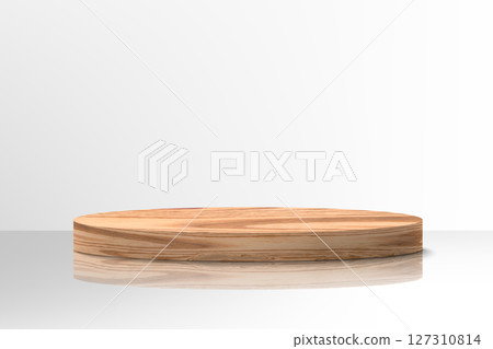 Wooden pedestal or podium. Realistic wood platform for product presentation. Minimal nature scene with pedestal mockup, cosmetic display or award ceremony 127310814