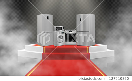 Illuminated podium or Pedestal with red path and household appliances: microwave oven, washing machine, refrigerator, stove, ,TV, dishwasher, kitchen hood. Realistic 3D vector 127310820