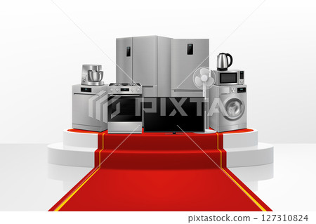 Show Podium or Pedestal with red path and household appliances: microwave oven, washing machine, refrigerator, stove, ,TV, dishwasher, kitchen hood. Realistic 3D vector 127310824