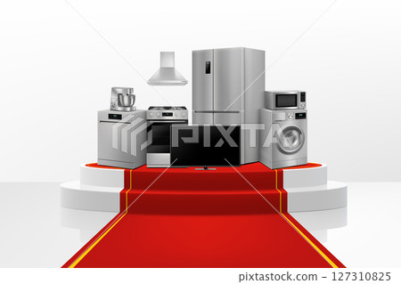 Show Podium or Pedestal with red path and household appliances: microwave oven, washing machine, refrigerator, stove, ,TV, dishwasher, kitchen hood. Realistic 3D vector Show Podium or Pedestal with red path and household appliances: microwave oven, washing machine, refrigerator, stove, ,TV, dishwasher, kitchen hood. Realistic 3D vector 127310825