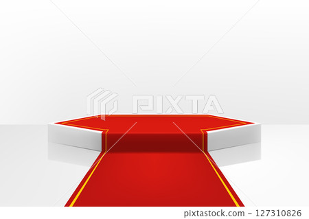 Illuminated stage podium with red path for award ceremony. Realistic 3d vector illustration, vip celebrity lifestyle concept. Stage for the winners and awards ceremony. Illuminated stage podium with red path for award ceremony. Realistic 3d vector illustration, vip celebrity lifestyle concept. Stage for the winners and awards ceremony. 127310826