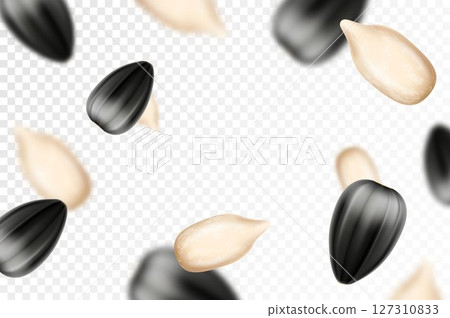 Sunflower seed background. Flying sunflower seed isolated on transparent background. Selective focus. Can be used for advertising, packaging, banner. Realistic 3d design. Vector illustration Sunflower seed background. Flying sunflower seed isolated on transparent background. Selective focus. Can be used for advertising, packaging, banner. Realistic 3d design. Vector illustration 127310833