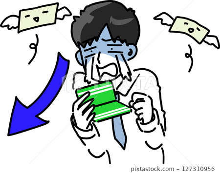 Vector illustration of a businessman crying when he sees a bankbook with a low balance 127310956