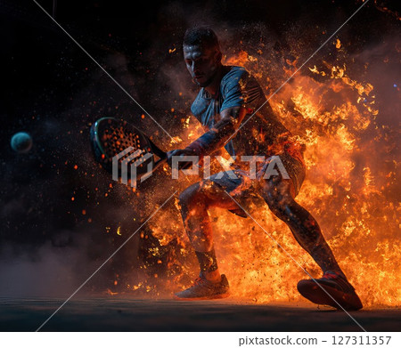 Padel player performing powerful forehand shot surrounded by flames 127311357