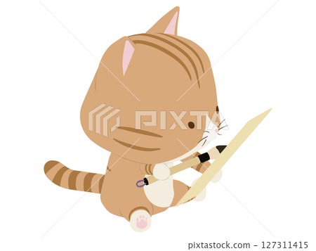 Brown tabby cat composing haiku Brown tabby cat composing haiku 127311415