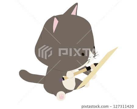 A brown-and-white cat composing a haiku 127311420