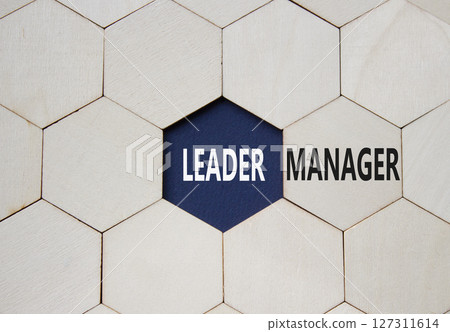 Leader or Manager symbol. Concept word Leader or Manager on wooden comb puzzle. Beautiful deep blue background. Business and Leader or Manager concept. Copy space 127311614