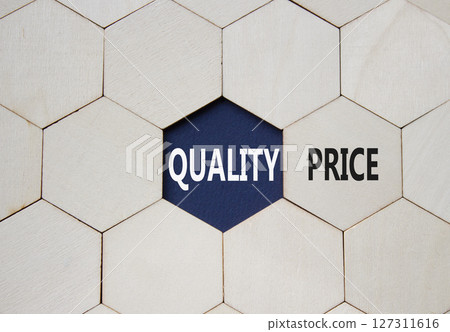 Price or Quality symbol. Concept word Price or Quality on wooden comb puzzle. Beautiful deep blue background. Business and Price or Quality concept. Copy space Price or Quality symbol. Concept word Price or Quality on wooden comb puzzle. Beautiful deep blue background. Business and Price or Quality concept. Copy space 127311616