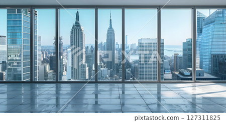 Downtown City Skyscrapers View from Empty Room Interior, Empty Room Interior Overlooking Downtown City Skyscrapers - Ai Generated 127311825