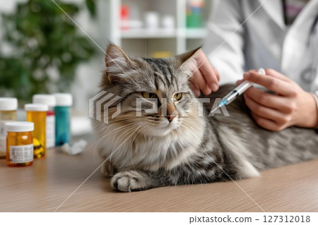 Cat receiving vaccination in veterinary clinic with colorful medicine bottles in the background Cat receiving vaccination in veterinary clinic with colorful medicine bottles in the background 127312018