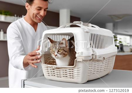 Veterinarian smiling while welcoming a cat from a pet carrier in a modern veterinary clinic 127312019