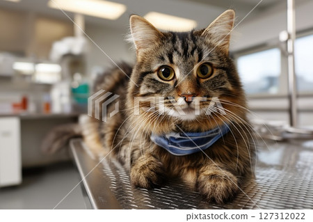 Tabby cat wearing blue bandana resting on stainless steel table in veterinary clinic environment Tabby cat wearing blue bandana resting on stainless steel table in veterinary clinic environment 127312022