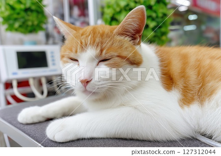 Relaxed orange and white cat resting on examination table in a modern veterinary clinic environment Relaxed orange and white cat resting on examination table in a modern veterinary clinic environment 127312044